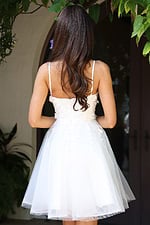 back of white fit and flare dress K45717