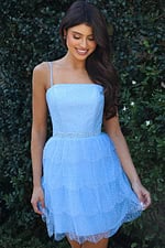 Jovani K45723 light blue spaghetti strap short homecoming dress with pearl and crystal dotted bodice, rhinestone waistband, and tiered tulle flare skirt