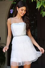 strapless white dress with crystal jeweled belt K45723