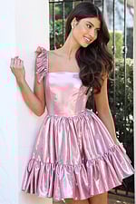 Metallic Satin Ruffle Strap Fit And Flare Mini Dress