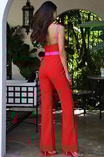Sleeveless wide leg jumpsuit with contrast straps and defined waist ban