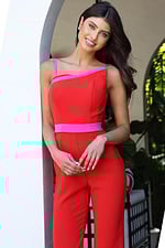 one shoulder red and pink jumpsuit K46831