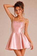 pink satin fit and flare dress with beaded square neck bodice and crystal drape straps