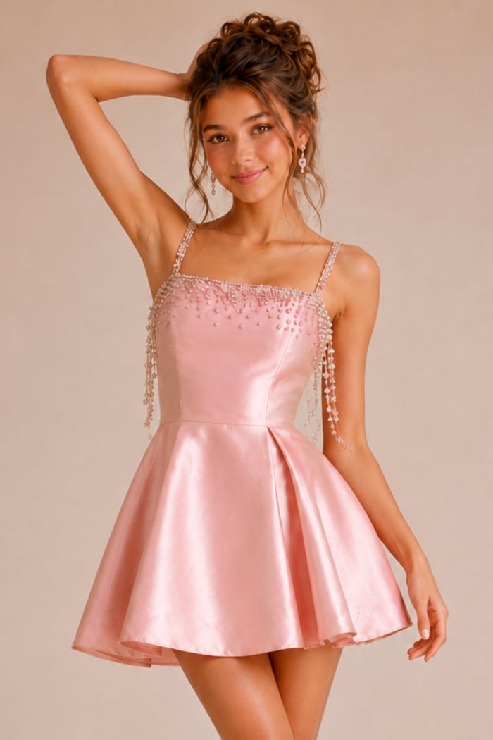 pink satin fit and flare dress with beaded square neck bodice and crystal drape straps