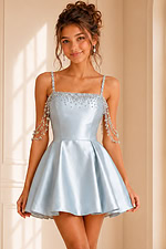 light blue satin dress with beaded square neckline and crystal cascade straps
