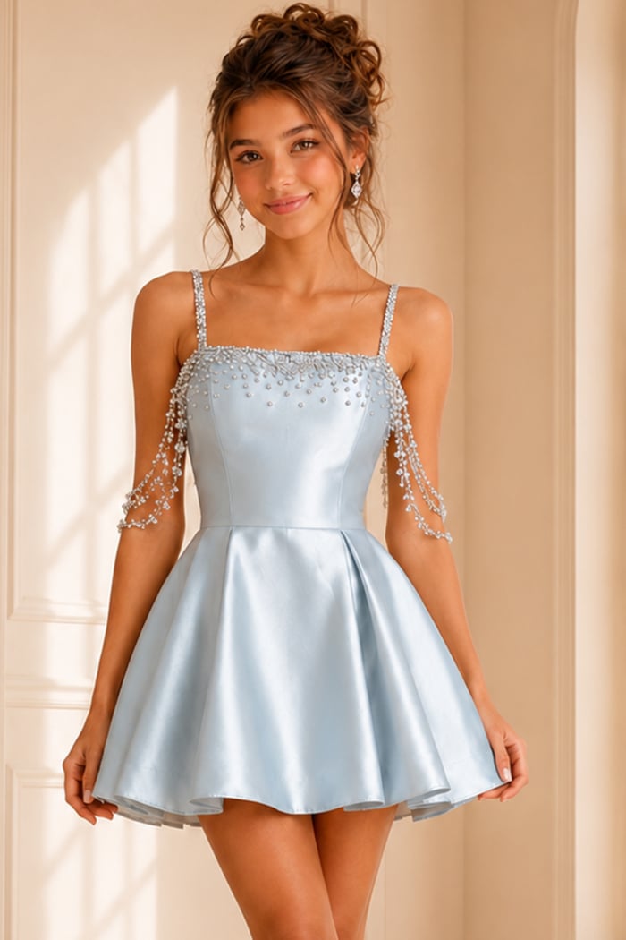 light blue satin dress with beaded square neckline and crystal cascade straps