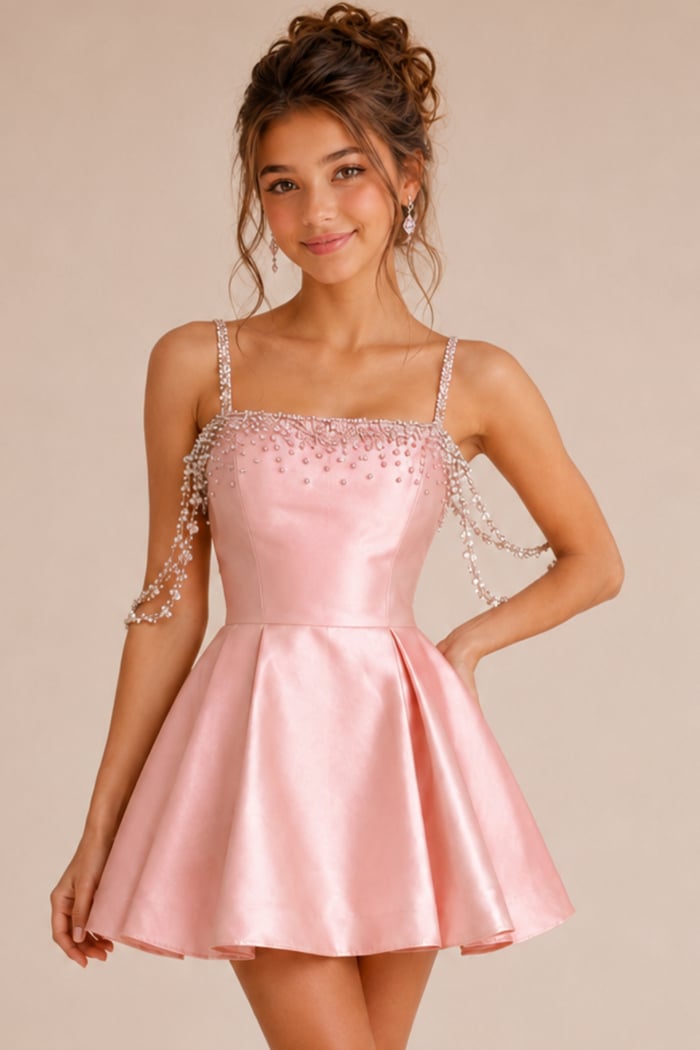 pink satin a line dress with beaded bodice and draped crystal straps, full length