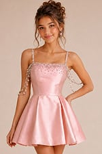 pink satin square neck dress with crystal drape straps and full skirt