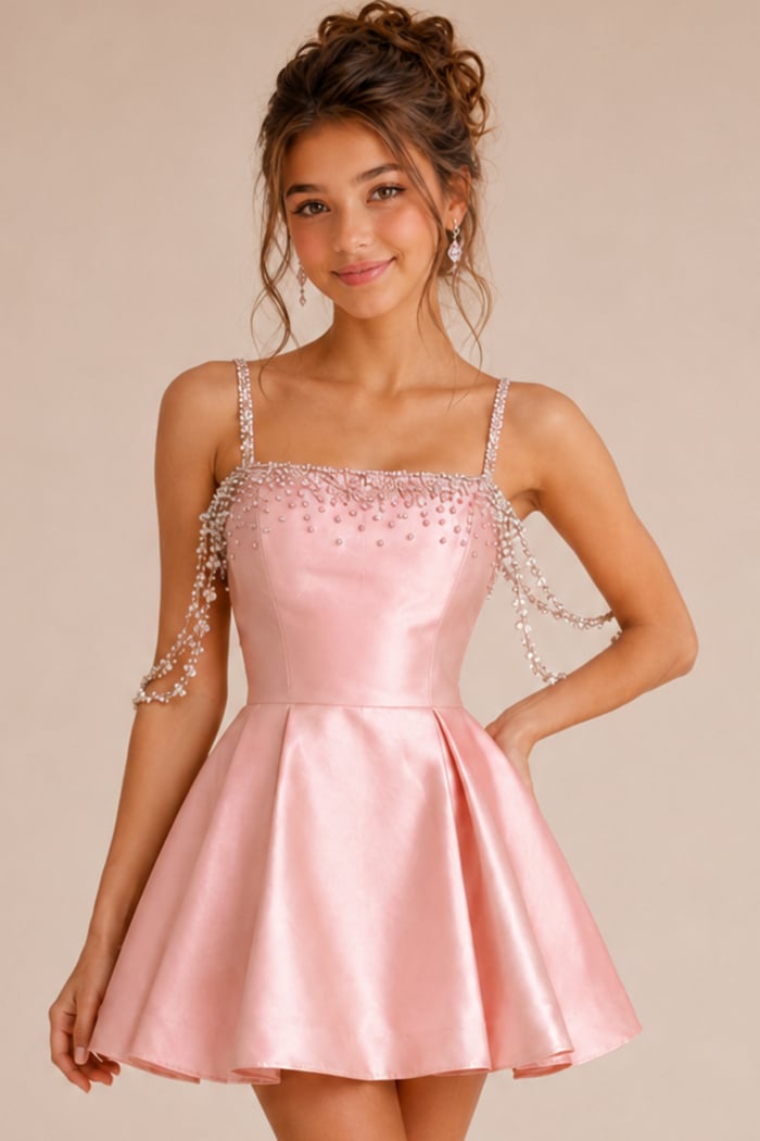 pink satin square neck dress with crystal drape straps and full skirt