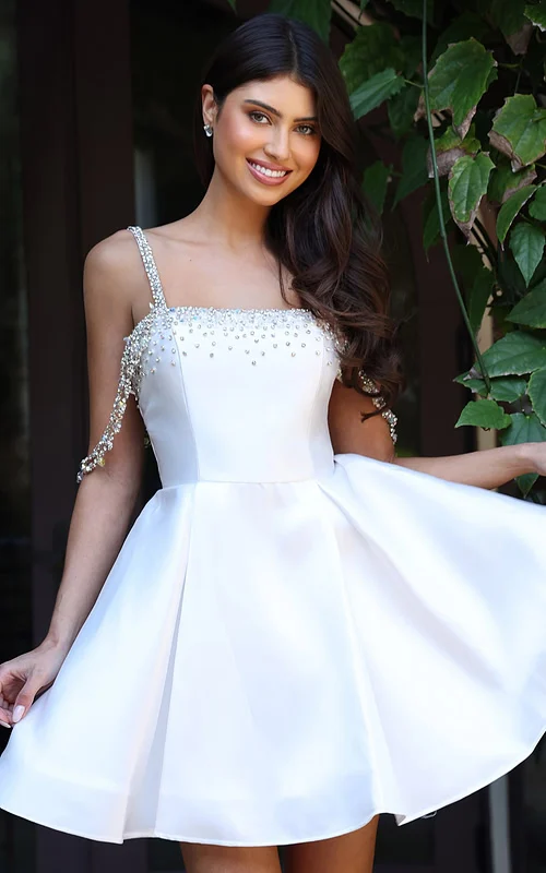 white fit and flare embellished strap dress K48024