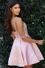 Jovani K48024 pink satin square neck short A line dress with crystal embellished straps, draped rhinestone arm chains, and pleated flare skirt