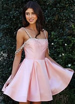 Jovani K48024 pink satin short fit and flare dress close up showing crystal beaded neckline, iridescent draped arm chain details, and full pleated skirt