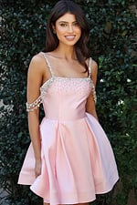 Beaded strap bodice with flared satin skirt