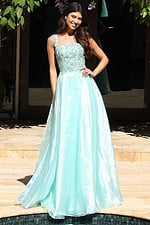 Jovani K48130 mint green A line prom dress with beaded embellished bodice, square neckline, wide straps, and flowing organza skirt