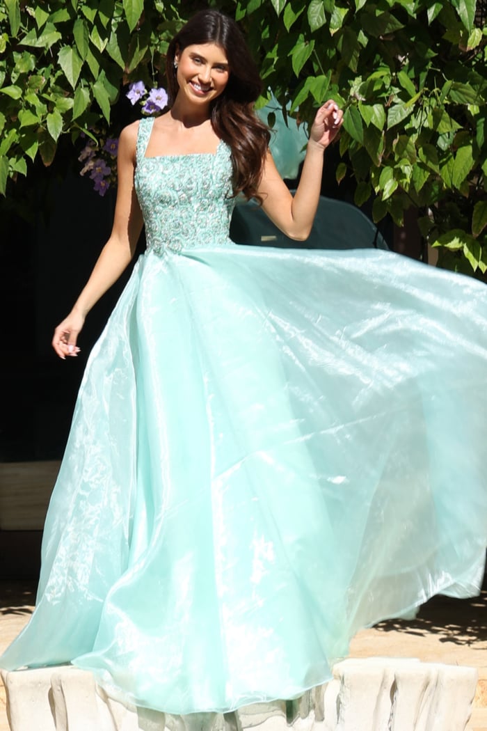 Square neckline A line gown with embellished bodice and flowing skirt