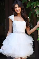 white fit and flare dress with ruffled skirt K51611