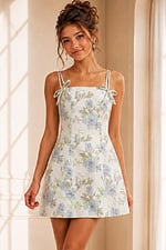 ivory floral print a line dress with bow shoulder ties