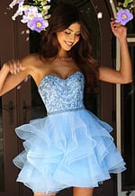 Strapless light blue mini dress with embellished sweetheart bodice and layered ruffle tulle skirt