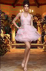 glamorous prom dress front view with halter neckline and voluminous layers