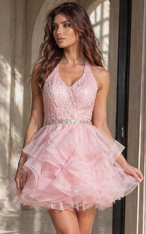 beaded v neckline pink kids dress K52182