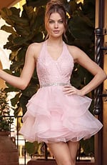 elegant evening gown rear view with halter neck and flowing silhouette