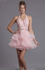 dramatic evening gown with cascading ruffles and full skirt design