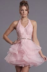 a-line formal dress front view with structured bodice and textured skirt