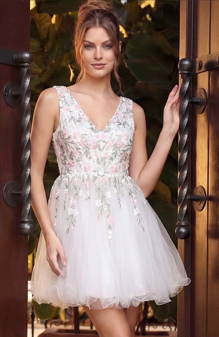 Tulle Mini Dress with Pink 3D Floral Embroidery K52183