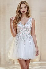 Floral Embroidered V-Neck White Tulle Mini Dress