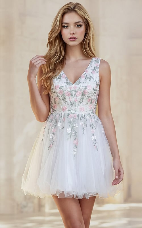 Floral Embroidered V-Neck White Tulle Mini Dress