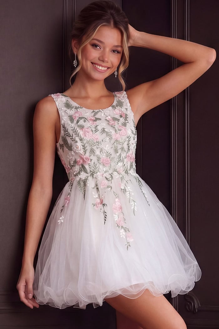 Tulle Mini Dress with Pink 3D Floral Embroidery K52183 | Jovani