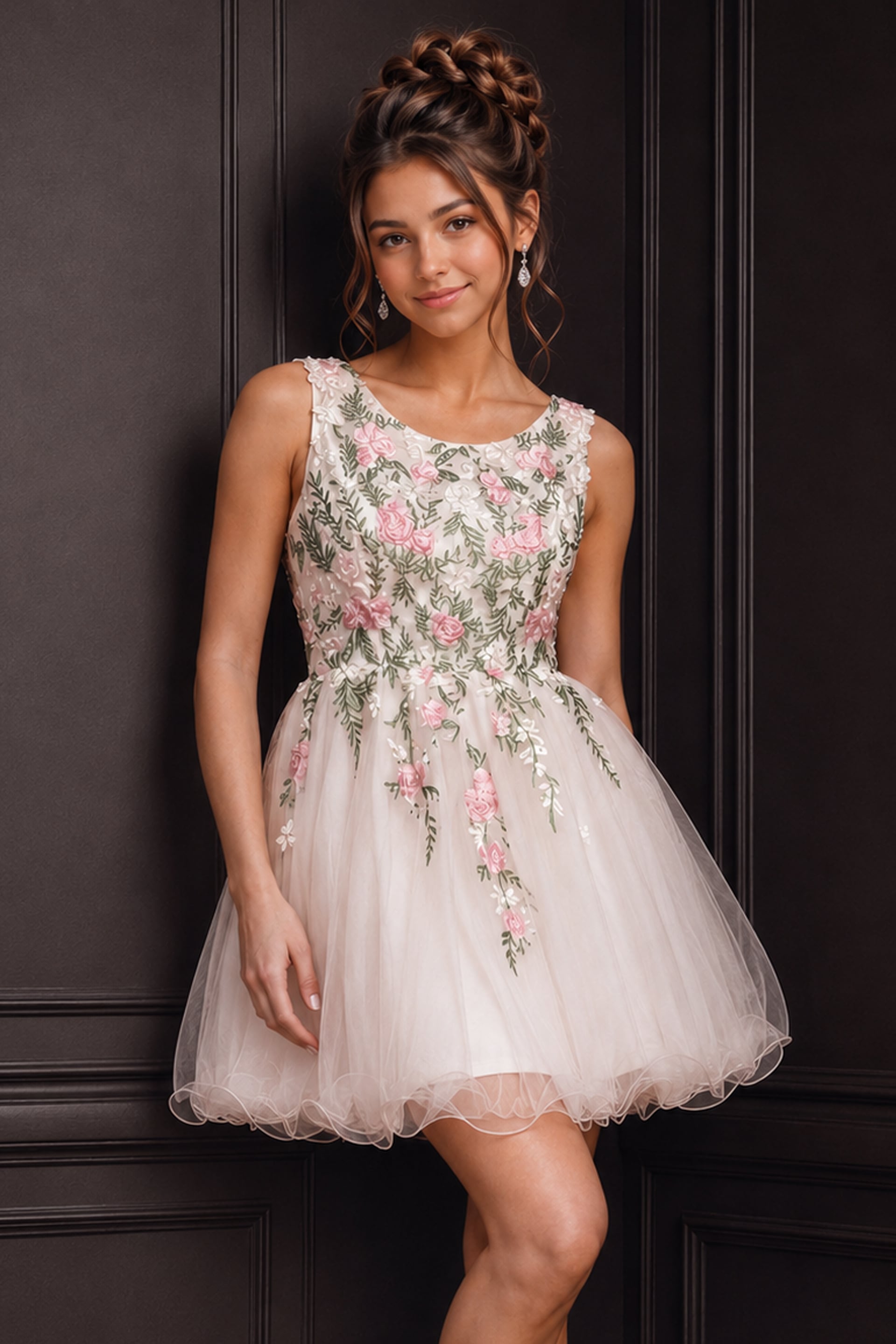 Tulle Mini Dress with Pink 3D Floral Embroidery K52183 | Jovani Tulle Mini Dress with Pink 3D Floral Embroidery K52183 | Jovani