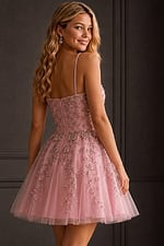 mauve pink beaded vine applique dress with full tulle skirt