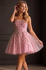 mauve pink beaded applique dress with spaghetti straps and tulle skirt