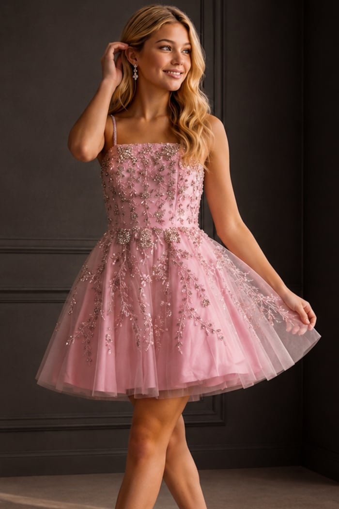 mauve pink beaded applique dress with spaghetti straps and tulle skirt