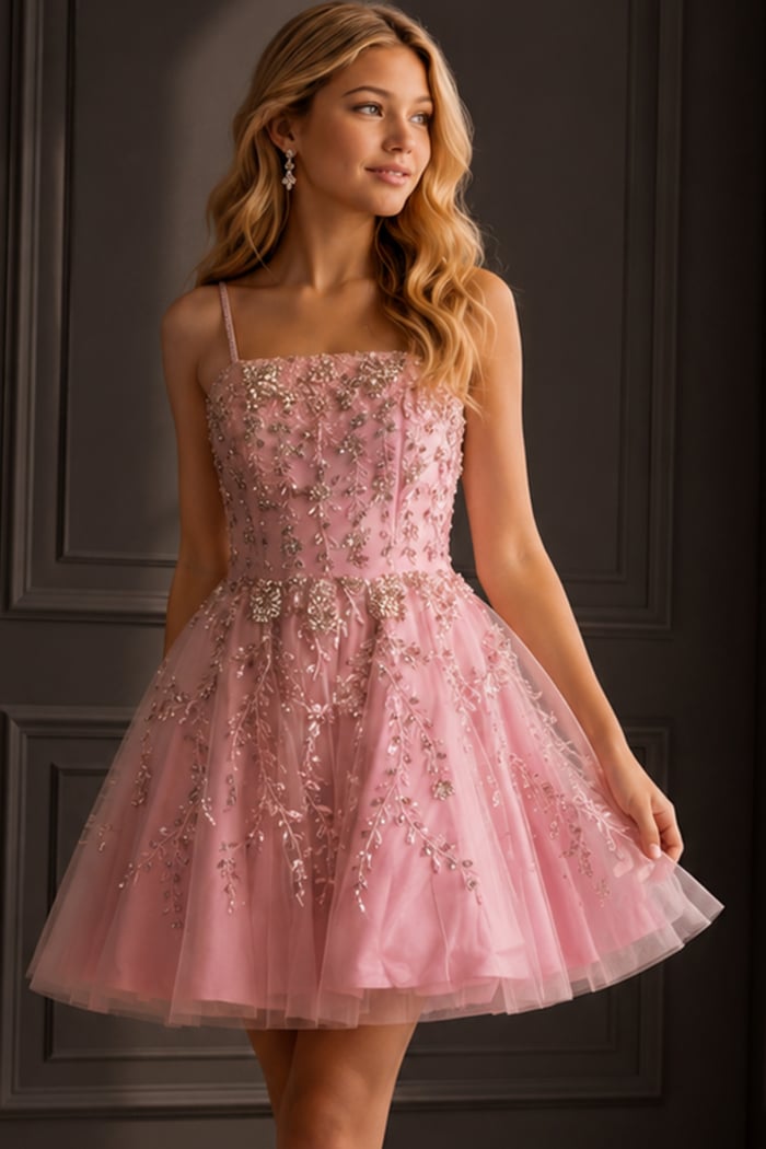 mauve pink fit and flare dress with beaded applique bodice