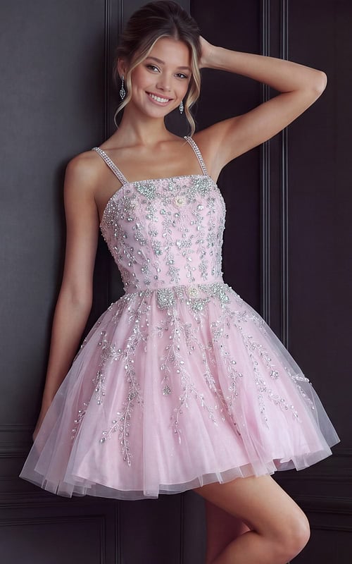 light pink beaded bodice dress with vine applique tulle skirt