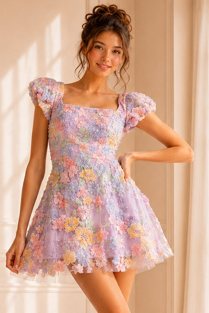 Lilac 3D Floral Applique Mini Dress K52703 | Jovani