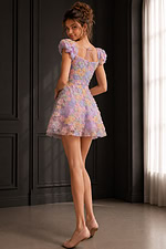 back view of lilac 3D flower dress with full a line skirt