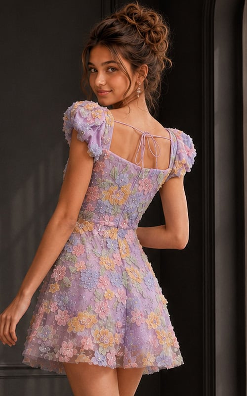 back view of lilac floral applique dress with puff sleeves and tie back