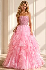 back view of pink ball gown with beaded bodice and tiered ruffle skirt