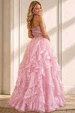 pink strapless ball gown with beaded bodice and full ruffle organza skirt