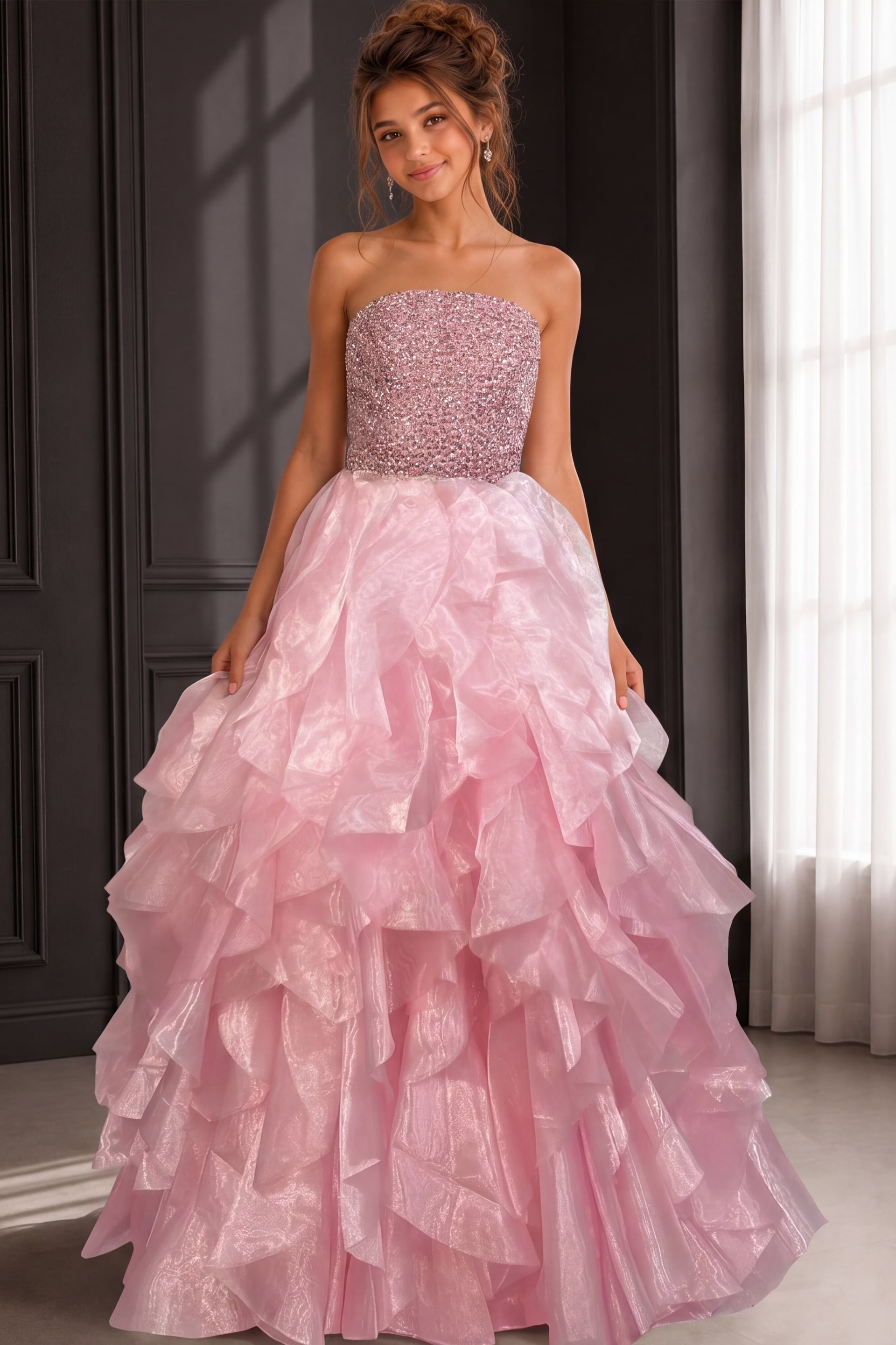K53334-ruffled-b ruffled skirt strpless beaded dress K53334