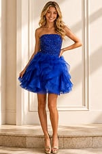 royal blue beaded bodice dress with tiered ruffle tulle skirt