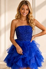 royal blue beaded bodice mini dress with ruffle tulle skirt