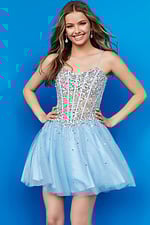 Model wearing Jovani K59903 blue dress with sparkling sequins