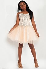 Model in front view of Jovani K59903 in blush with sequined bodice