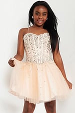 Model showcasing Jovani K59903 in blush with layered tulle skirt