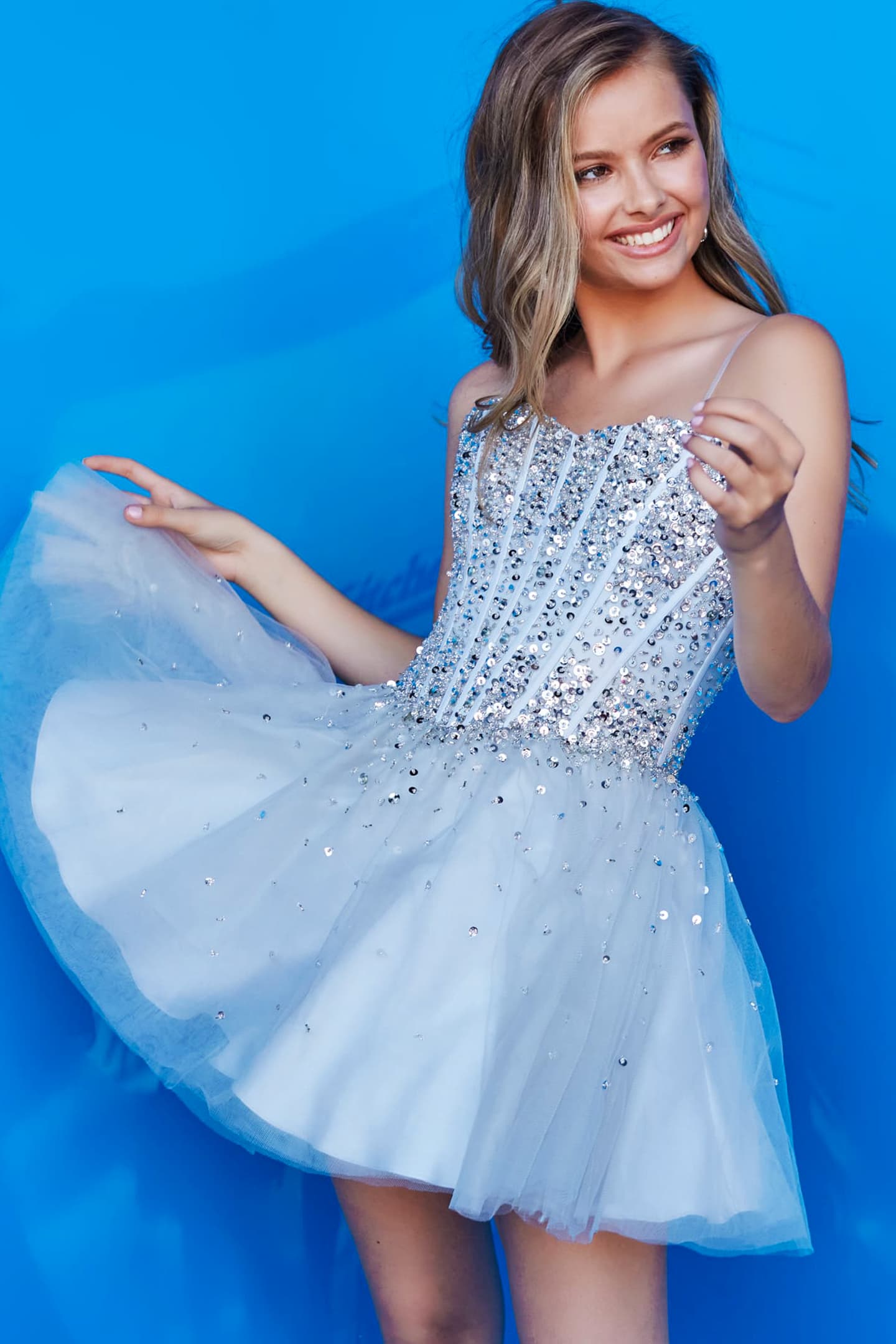 Ice Blue Corset Bodice Embellished Short Kids Dress K59903