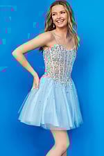 Model side view in Jovani K59903 blue dress with sequined bodice